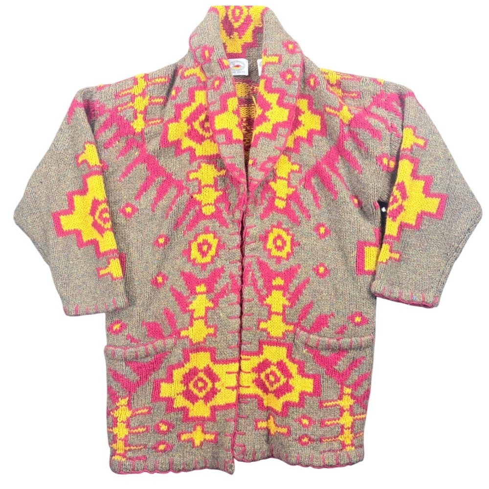 Marsh Landing Shetland Wool Southwestern Cardigan Sweater Pink Yellow Medium